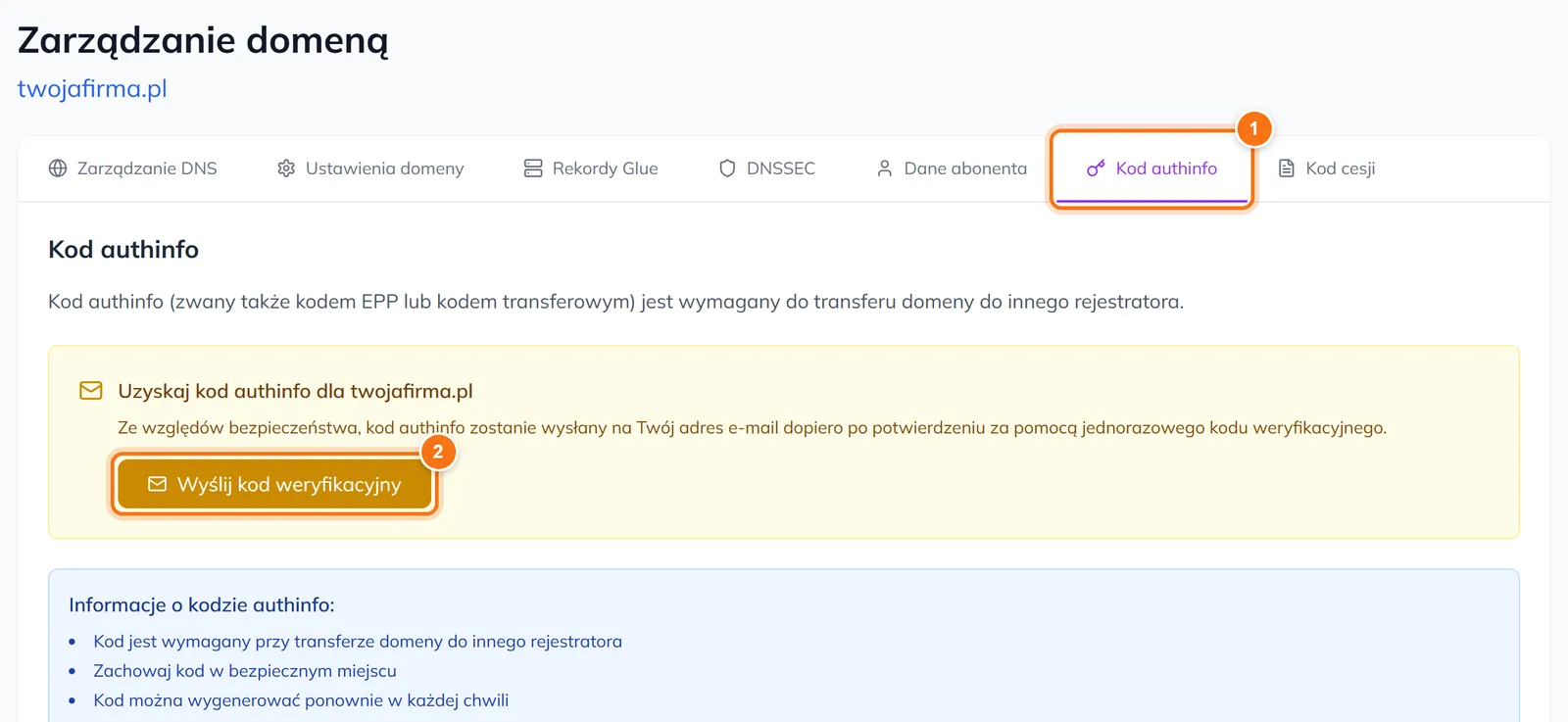 Zarządzanie domeną, zakładka Kod authinfo z ramką Uzyskaj kod authinfo i przyciskiem Wyślij kod weryfikacyjny