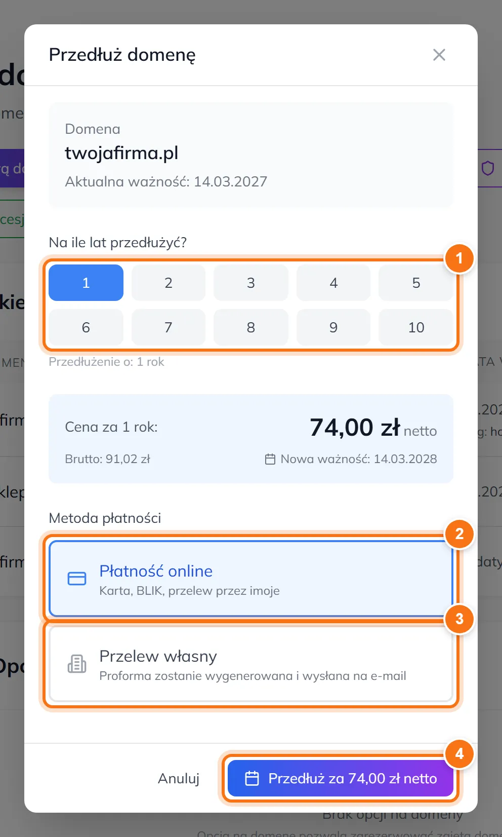 Okno Przedłuż domenę z przyciskami lat od 1 do 10, ceną 74 zł netto, nową datą ważności i metodami płatności