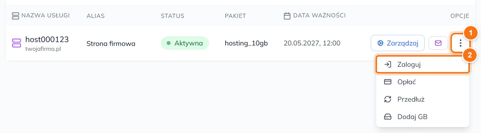 Lista hostingów z rozwiniętym menu i zaznaczoną opcją Zaloguj