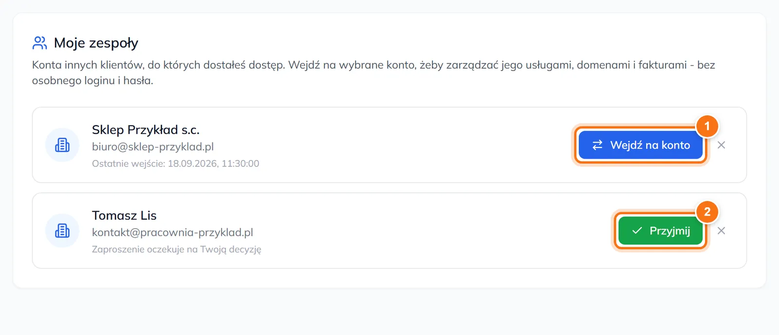 Sekcja Moje zespoły z dwoma kontami: jedno z przyciskiem Wejdź na konto, drugie z zaproszeniem i przyciskiem Przyjmij